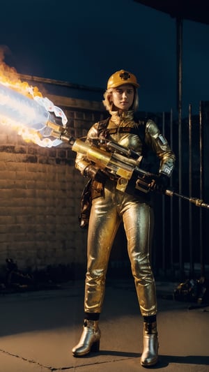 ultra realistic, highly detailed, aesthetic, artistic, a young woman, full body, a young girl, wearing a sleek, futuristic spacesuit with neon orange accents, (carrying a flamethrower including fuel tank, fuel valve, igniter, hose, nozzle, Polished brass body, intricate Art Deco engravings), Gas gauge on side, worn leather trigger. Highlighting the craftsmanship and power within. Light rays catch the surface, emphasizing textures and worn details  confidently wielding a high-tech flamethrower integrated into her right arm gauntlet. The flamethrower emits a vibrant blue flame, illuminating the surrounding alien ruins. The girl's face is partially obscured by a transparent visor, revealing determined eyes and a hint of defiance. The ruins are metallic and imposing, reflecting the dying embers of the flamethrower's blast. The overall style is sci-fi, futuristic, and slightly dark, with a focus on strong composition and lighting. Artstation, cinematic, detailed, high resolution, glamorous, and high-fashion. Vogue, classic, detailed, high resolution,VINTAGE, ,retro
