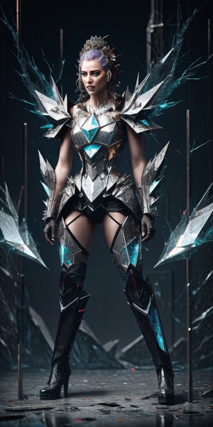 full body, hyper realistic,  1girl,
Trapped in a cage of her own shattered glass, the woman's eyes blaze with defiance. With a powerful burst of energy, she shatters the cage outwards, transforming the shards into a swarm of projectiles that rain down upon her enemies. The remnants of her outfit shimmer around her, forming new blades and armor, a testament to her resilience and unwavering spirit. She stands tall, a warrior reborn from shattered glass, ready to face any challenge
,glass_clothes,photorealistic,Masterpiece,beautiful face
