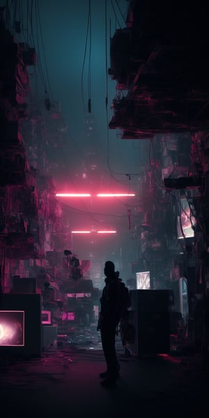 create an image depicts a scene that appears to be sci-fi movie, showing a character amidst an array of electronic equipment and machinery. The environment is cluttered with cables and screens displaying unreadable data. The image has a dark, chaotic, and somewhat eerie atmosphere due to the disarray of the equipment and the lighting,yk_cyborgs,photorealistic