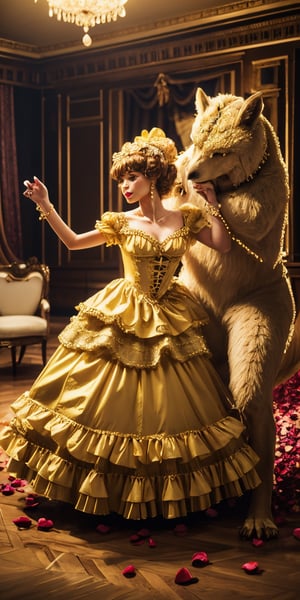 A model in a golden yellow lolita dress, dancing with a transformed beast in a grand ballroom, rose petals falling around them. (Style: Magical, Romantic, Detailed)
,Masterpiece,glittering,photorealistic,lolimix