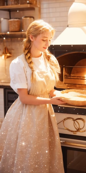 A moonlit bakery, woman with honey-blonde hair braided intricately, kneads dough with practiced hands. Her face is serene, illuminated by the warm glow of the oven. Flour dust shimmers like stardust, and the aroma of freshly baked bread fills the air. (Mood: Serene, magical),Detailedface,photorealistic,Masterpiece