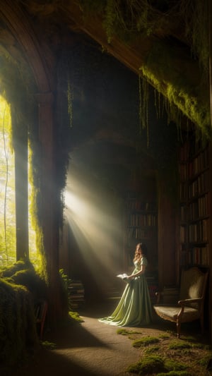 A secret passage winds through towering bookshelves, sunlight filtering through moss-covered walls. A woman in a flowing fern-patterned dress emerges, her fingers brushing ancient tomes, whispers of forgotten stories clinging to the air. Eerie, adventurous, high resolution,ViNtAgE,photorealistic,Masterpiece