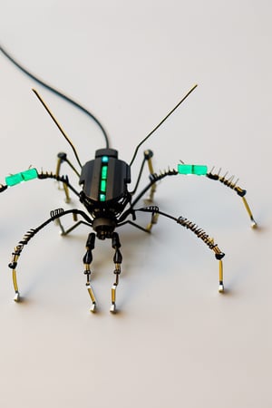 A cockroach composed of electronic components,
Head: Compound eyes formed from red and green LEDs, antennae from twisted wires, pulsating capacitor on forehead.
Thorax: Replaced with salvaged circuit board, featuring resistor "plates," glowing diodes, and connecting wires.
Legs: Spindly limbs with capacitor "knees," illuminating LEDs, and internal motors for movement.
Abdomen: Cluster of glowing LEDs, intricate network of wires.
Movement: Agile, with whirring joints and flickering LED eyes.
Overall: Eerie, yet fascinating technological marvel.
Tiny sparks, glowing dust trails. Erratic, unpredictable movements,
photorealistic,circuit_art,Masterpiece