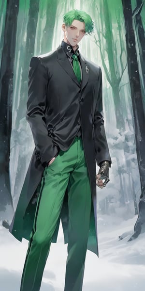 (masterpiece),1boy,vivid,a handsome maestro man, black blindfold cover all his eyes, wearing slick green tuxedo,wavy undercut hair,multicolored hair,green bangs,black anklepants,. 20 years old, thin beard, black silver Colt Revolver,aurora,snow mountain, forest,solo,white background,evil face,prince vibe