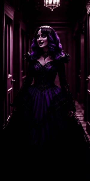 A model in a black and purple dress, trapped in a nightmare castle, struggles against thorny vines that pierce her skin. Her smile is replaced by a scream, echoing through the twisted halls. (Style: Dark Fantasy, Body Horror, Detailed)
,lolimix,Masterpiece