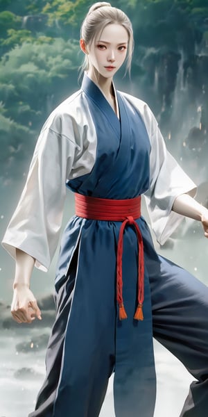 (masterpiece),A dedicated kung fu master,a striking Nordic woman, engages in rigorous training, surrounded by serene landscapes that reflect the essence of ancient martial arts, skilled practitioner, embodies strength and elegance in her movements. Her disciplined practice aims to attain profound martial wisdom and mastery,The scene captures the fusion of martial arts