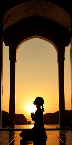best quality,  masterpiece, hyper realistic, Generate a serene image portraying a woman immersed in the spiritual ambience of an Indian Ram Mandir Temple during the tranquil hours of dawn. Envision a scene that captures the unique serenity and devotion of her early morning visit. Temple Silhouette at Dawn: Visualize the majestic silhouette of the Ram Mandir Temple against the soft hues of the breaking dawn, casting a sacred and contemplative atmosphere. Illuminate the temple's intricate features as the first light gently touches its architecture. Golden Hour Illumination: Emphasize the warm, golden glow enveloping the surroundings as the sun begins to rise, creating a soft and enchanting illumination. Let the play of light and shadows enhance the spiritual energy that fills the temple in the early morning. Solitary Devotion: Capture the woman in a moment of solitary devotion, engaging in prayer and meditation within the temple's serene space. Convey the quietude and peace that she finds in the sacred surroundings during the tranquil dawn hours,gaoranger,photorealistic