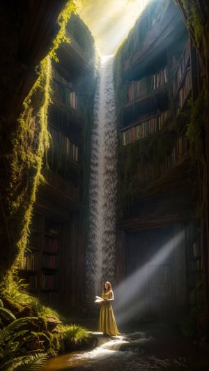 A secret passage winds through towering bookshelves, sunlight filtering through moss-covered walls. A woman in a flowing fern-patterned dress emerges, her fingers brushing ancient tomes, whispers of forgotten stories clinging to the air. Eerie, adventurous, high resolution,ViNtAgE,photorealistic,Masterpiece