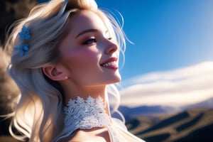 highly detailed,ultra realistic,natural smile,looking up,beautiful young woman, Nordic woman,Rambling and beautiful body,platinum blond shining hair,blue eyes,fractal art clothes,clothes decorated with lace and flowers,gorgeous lace,looking far,beautiful village background