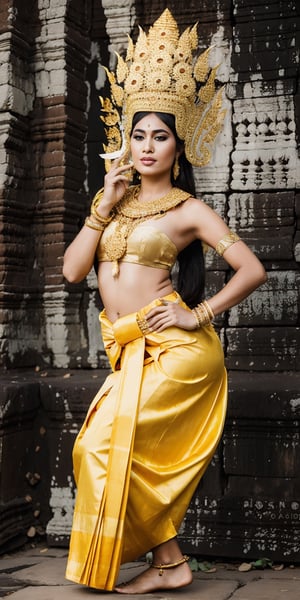  A model in a vibrant silk sampot, adorned with golden temple motifs and intricate beadwork. She performs a traditional Cambodian dance with graceful hand and foot movements, surrounded by the ancient Angkor Wat temple complex. (Style: Cultural, Expressive, Detailed)
,Masterpiece,photorealistic,apsara