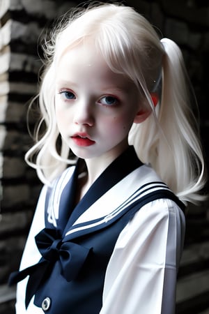 Albino girl in a disheveled Gothic sailor suit, defiant, pale complexion, seductive yet distracting presence, careless hair falling over her shoulders, framing her face with an air of defiance