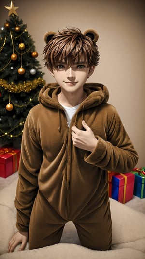 polaroid photo, 1boy, cute, 18 yo, handsome, ripped, full body, bear onesie costume, christmas tree, gift boxes. playful, joyful, foggy, magical, masterpiece, highly detailed, absurdres,  correct_anatomy,syaoran_tsubasa_chronicle,brown hair