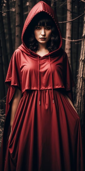 A young woman in a crimson lolita dress with a woven basket and red hooded cloak, encountering a charming wolf in a dark forest. (Style: Gothic, Mysterious, Detailed)
,Masterpiece,glittering,photorealistic,lolimix