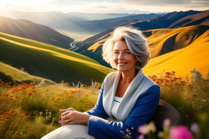 A hot air balloon pilot, a seasoned woman with wind-tousled grey hair and a warm smile, drifts serenely through a valley filled with colorful wildflowers. Sunlight bathes her face as she gazes down at the breathtaking landscape, a map resting on her lap. (Cinematic, peaceful, beautiful)