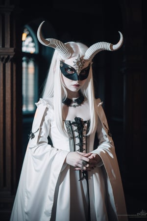 albino demon little queen, (long intricate horns), a sister clad in gothic punk attire, her face concealed behind a striking masquerade mask. She exudes an air of mystery and allure as she moves gracefully through the dimly lit corridors of the cathedraragon-themed,white_aesthetics,photorealistic,Masterpiece