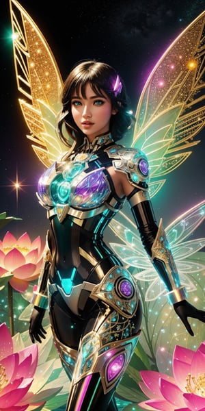 A young woman with glowing cybernetic wings emerges from a holographic lotus bloom, its petals shimmering with dewdrops, ready to explore the neon wilderness. (cinematic, fantastical, detailed, adventurous)
,Detailedface,photorealistic,Realism,Masterpiece,glittering