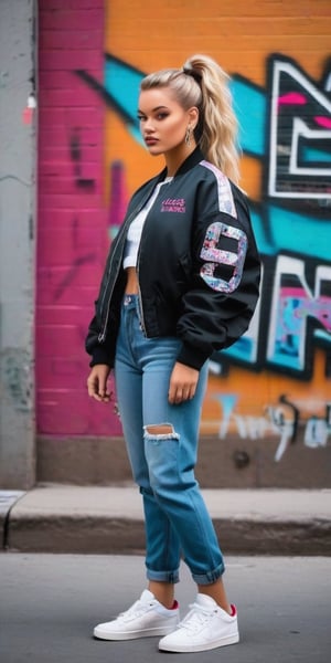 Capture the vibrant essence of urban culture with this stunning high-resolution photograph. A beautiful young woman with piercing grey eyes and blond, wavy hair styled in a casual ponytail. She wears a stylish 90s hip hop outfit: a baggy bomber jacket over a cropped graphic tee, loose-fit jeans, and high-top sneakers. The serene field is replaced by a bustling city street with colorful graffiti art and energetic urban vibes. Her confident gaze meets the viewer's, inviting contemplation amidst the dynamic metropolitan backdrop.