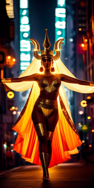 On a lone, dimly lit street with an 80s-style neon glow, a young woman dressed in an elaborate Cleopatra-inspired Egyptian outfit performs a dramatic dropkick. Her costume, adorned with intricate gold patterns, a flowing cape, and regal accessories, contrasts sharply with the gritty urban backdrop. The soft, retro streetlights cast a nostalgic sheen, illuminating her powerful pose and the graceful movement of her outfit, blending ancient elegance with a retro street vibe.