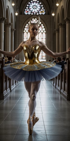 1girl, masterpiece, best quality, highres, ballet dancer,dancing , queen of the albino demons, long intricate horns, Classical tutu in tones of blue and gold, She moves gracefully through the dimly lit corridors of the cathedral,white_aesthetics,photorealistic,Masterpiece,gold_art