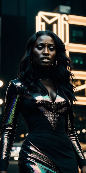  A lone woman with ebony hair flowing like night, adorned in a sleek black dress tailored from raven feathers, stands defiant beneath a neon-lit cityscape, a holographic storm brewing above, mirroring the rage in her eyes. (cinematic, powerful, detailed, mythological)
,Detailedface,photorealistic,Realism,Masterpiece,dark_myth