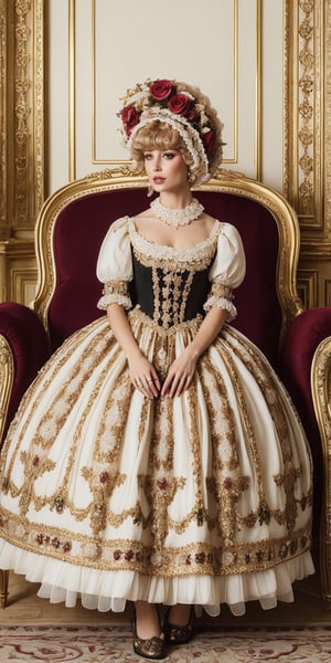 A model in a lavish white and gold lolita dress reminiscent of Marie Antoinette's fashion, complete with a powdered wig and a miniature rose bouquet. She sits regally on a throne, surrounded by opulent details. (Style: Historical, Elegant, Detailed)
,Masterpiece,glittering,photorealistic,lolimix