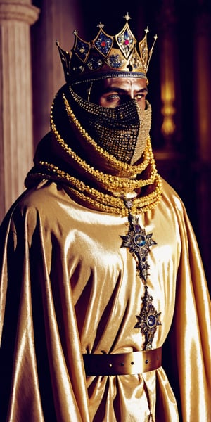 1man, King Baldwin IV,of Jerusalem draped in an incredibly opulent ceremonial robe, Silver Mask, ,befitting his royal stature. The garment, adorned with intricate gold embroidery and precious gemstones, exudes an aura of regal splendor. Atop his head rests a majestic crown, encrusted with glittering jewels that catch the light with every movement. Concealing his features, he wears a solemn and imposing mask, adding an air of mystery and authority to his presence. As he strides through the grand halls of his palace, King Baldwin IV commands the attention of all who behold him, embodying the power and majesty of the Kingdom of Jerusalem,The huge HOLY CROSS is on its back,photorealistic,Masterpiece,flower_core,gold_art