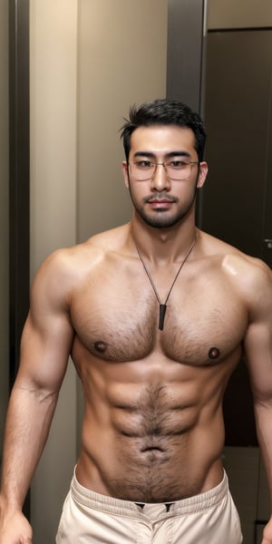 Asian_male , glasses, stubble, fit body, handsome, bronzed skin, chubby, mature, bald, (sideburns, chinstrap beard:1.3), long penis,erection. (shaved philtrum, hairless philtrum), hairless chest,photorealistic,peach_boy