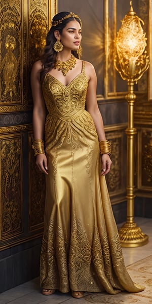 ((full body)), Young princess with flowing golden dress shimmering like liquid sunlight. Intricate starlit embroidery decorates the bodice and hem. Long, trailing train evokes a molten gold river. Golden crown adorned with sunbeams and diamond-tipped leaves frames her face. Delicate golden bracelets with opal accents and sun-shaped earrings adorned with diamonds. Intricate gold filigree necklaces. Eyes reflecting golden warmth. Golden-embroidered leather shoes depict mythical creatures. Golden flowers scattered around the scene,gold_art,photorealistic,Detailedface,Masterpiece