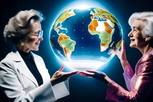 A group of scientists, their faces filled with a mix of excitement and apprehension, gather around a holographic globe. An older woman with a distinguished air and kind eyes gestures towards a specific point on the globe, explaining their groundbreaking discovery. (Cinematic, sci-fi, suspense)