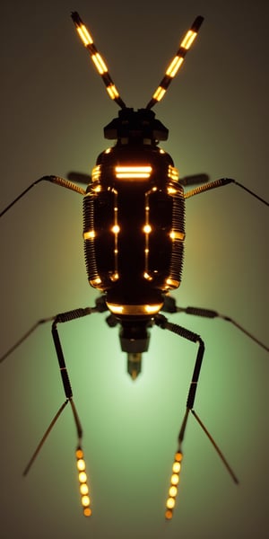 A cockroach composed of electronic components,
Head: Compound eyes formed from red and green LEDs, antennae from twisted wires, pulsating capacitor on forehead.
Thorax: Replaced with salvaged circuit board, featuring resistor "plates," glowing diodes, and connecting wires.
Legs: Spindly limbs with capacitor "knees," illuminating LEDs, and internal motors for movement.
Abdomen: Cluster of glowing LEDs, intricate network of wires.
Movement: Agile, with whirring joints and flickering LED eyes.
Overall: Eerie, yet fascinating technological marvel.
Tiny sparks, glowing dust trails. Erratic, unpredictable movements,
photorealistic,circuit_art,Masterpiece,photorealistic