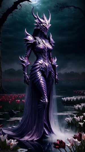  As dusk descends, her dragon armor, sculpted from moonlit onyx, shines with a soft neumorphic glow. Biomechanical harlequins, their veins pulsing with firefly bioluminescence, illuminate the swamp's recesses. Ghost tulips and lilies, infused with the cool hues of twilight, cast ethereal shadows against the rising mist. Her delicate form, a beacon of eternal beauty, stands defiant against the encroaching darkness.Masterpiece,dragonx2,photorealistic,flower_core,Masterpiece,ViNtAgE