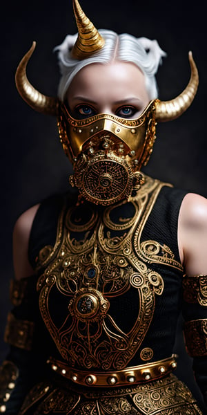 ((full body)), short messy hair, 1 girl, (masterful), blur background, black_hair, albino demon girl,slit pupil eyes,Intricate Iris Details,heterochromia_iridis,(gas mask),(long intricate horns:1.2) ,pure white hair,Wearing Medieval black Knight Armor,Gold carved full plate Armor, best quality, highest quality, extremely detailed CG unity 8k wallpaper, detailed and intricate, ,steampunk style,gold_art,photorealistic,Detailedface