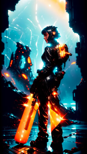 ultra realistic, highly detailed, aesthetic, artistic, a young woman, full body, a young girl, wearing a sleek, futuristic spacesuit with neon orange accents, (carrying a flamethrower including fuel tank, fuel valve, igniter, hose, nozzle, Polished brass body, intricate Art Deco engravings), Gas gauge on side, worn leather trigger. Highlighting the craftsmanship and power within. Light rays catch the surface, emphasizing textures and worn details  confidently wielding a high-tech flamethrower integrated into her right arm gauntlet. The flamethrower emits a vibrant blue flame, illuminating the surrounding alien ruins. The girl's face is partially obscured by a transparent visor, revealing determined eyes and a hint of defiance. The ruins are metallic and imposing, reflecting the dying embers of the flamethrower's blast. The overall style is sci-fi, futuristic, and slightly dark, with a focus on strong composition and lighting. Artstation, cinematic, detailed, high resolution, glamorous, and high-fashion. Vogue, classic, detailed, high resolution,VINTAGE, ,monkren,vintage