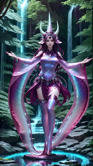 a beautiful girl, full body, horn, scales, slim fit, long hair, 2C curly, ruby eyes, cute face, transparent body, holographic, dynamic pose, waterfall, magical forest, fantasy, dragonx2