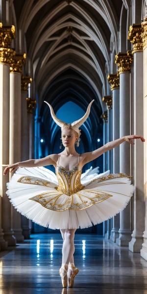 masterpiece, best quality, highres, ballet dancer, dancing, queen of the albino demons, long intricate horns, Classical tutu in tones of blue and gold, She moves gracefully through the dimly lit corridors of the cathedral, white_aesthetics, photorealistic, Masterpiece,white_aesthetics,photorealistic,Masterpiece,gold_art