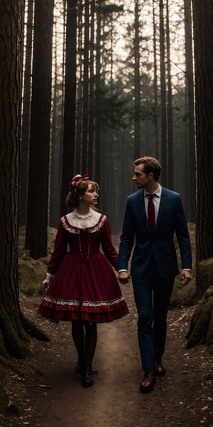 Two models, one in a red and one in a blue lolita dress, holding hands and following a trail of breadcrumbs through a dark forest, wary of a hidden witch. (Style: Suspenseful, Sibling Bond, Detailed)
,Masterpiece,glittering,photorealistic,lolimix