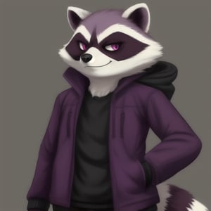 fluffy raccoon with two tone fur bright and dark purple with a jacket no pants and maroon eyes smirk 