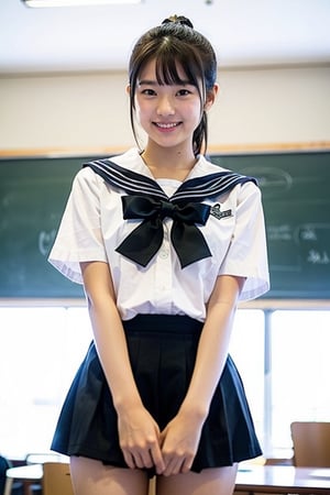 girl standing in school classroom,sailor shirt,micro mini skirt,through white panty,18-year-old,bangs,a little smiles,thighs,crotch,knees,short cut hair,ponytail,from below,acjc