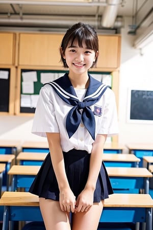 girl standing in school classroom,sailor shirt,micro mini skirt,through white panty,18-year-old,bangs,a little smiles,thighs,crotch,knees,short cut hair,ponytail,from below,acjc