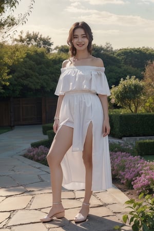 (Highest Quality, Masterpiece:1.5, Ultra High Resolution, 8k, Realistic:1.4), 1girl, Korean, cute smile, off-shoulder, cinematic lighting, beautiful detailed eyes, beautifully detailed lips, long eyelashes, soft skin, flowing hair. , Gorgeous garden background, vibrant colors, sunny atmosphere,