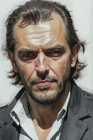 Masterpiece, best quality, dreamwave, aesthetic, 1 man, russian actor Alexandr Petrov, open look (looks into the eyes), charmingly sexy smile, free sheet field, sketch, ruler, pencil, white background, portrait of Nikolai Aleksanov, Nikolai Feshin style, oil painting, charcoal \ (medium \),