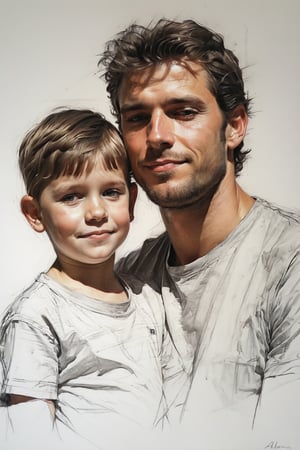 Masterpiece, best quality, dreamwave, aesthetic, portrait: 1 husband 29 years old and 1boy- chield 2 years old, open look, (looking into the eyes), t-shirt, smiling charmingly, short brown hair, sketch, lineart, pencil, white background, portrait by Alexanov, Style by Nikolay Feshin, artistic oil painting stick,charcoal \(medium\),