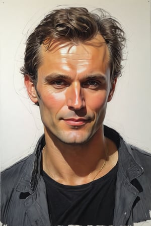 Masterpiece, best quality, dreamwave, aesthetic, 1 man, russian actor Alexandr Petrov, open look (looks into the eyes), charmingly sexy smile, free sheet field, sketch, ruler, pencil, white background, portrait of Nikolai Aleksanov, Nikolai Feshin style, oil painting, charcoal \ (medium \),