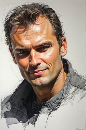 Masterpiece, best quality, dreamwave, aesthetic, 1 man, russian actor Alexandr Petrov, open look (looks into the eyes), charmingly sexy smile, free sheet field, sketch, ruler, pencil, white background, portrait of Nikolai Aleksanov, Nikolai Feshin style, oil painting, charcoal \ (medium \),