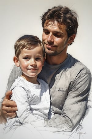 Masterpiece, best quality, dreamwave, aesthetic, portrait: 1 husband 29 years old and 1boy- chield 2 years old, open look, (looking into the eyes), t-shirt, smiling charmingly, short brown hair, sketch, lineart, pencil, white background, portrait by Alexanov, Style by Nikolay Feshin, artistic oil painting stick,charcoal \(medium\),