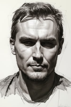 Masterpiece, best quality, dreamwave, aesthetic, 1 man, russian actor Alexandr Petrov, open look (looks into the eyes), charmingly sexy smile, free sheet field, sketch, ruler, pencil, white background, portrait of Nikolai Aleksanov, Nikolai Feshin style, oil painting, charcoal \ (medium \),