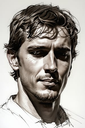 Masterpiece, best quality, dreamwave, aesthetic, portrait: 1 male 30 years old, open look, (looking into the eyes), smiling charmingly, short brown hair, sketch, lineart, pencil, white background, portrait by Alexanov, Style by Nikolay Feshin, artistic oil painting stick,charcoal \(medium\),