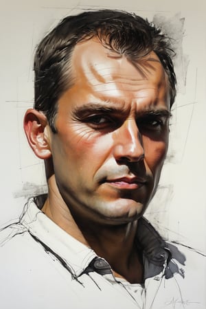 Masterpiece, best quality, dreamwave, aesthetic, 1 man, russian actor Alexandr Petrov, open look (looks into the eyes), charmingly sexy smile, free sheet field, sketch, ruler, pencil, white background, portrait of Nikolai Aleksanov, Nikolai Feshin style, oil painting, charcoal \ (medium \),