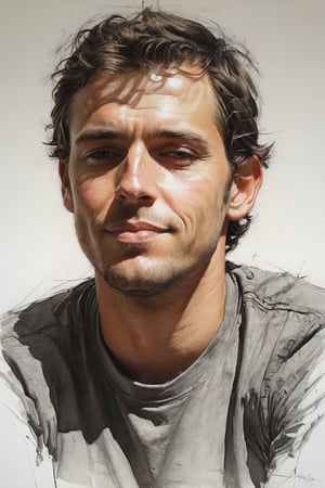 Masterpiece, best quality, dreamwave, aesthetic, portrait: 1 husband 29 years old and 1boy- chield 2 years old, open look, (looking into the eyes), t-shirt, smiling charmingly, short brown hair, sketch, lineart, pencil, white background, portrait by Alexanov, Style by Nikolay Feshin, artistic oil painting stick,charcoal \(medium\),