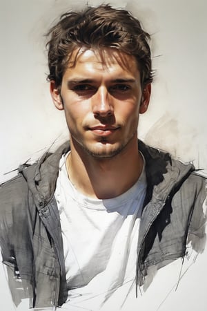 Masterpiece, best quality, dreamwave, aesthetic, portrait: 1 husband 26 years old and 1boy- chield 2 years old, open look, (looking into the eyes), t-shirt, smiling charmingly, short brown hair, sketch, lineart, pencil, white background, portrait by Alexanov, Style by Nikolay Feshin, artistic oil painting stick,charcoal \(medium\),